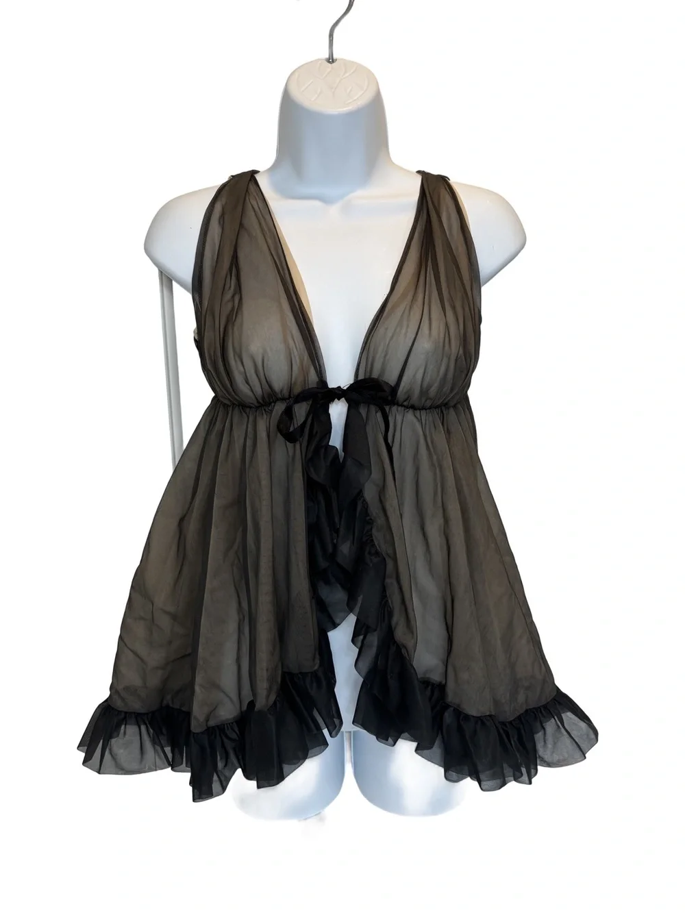Vintage Black Sheer Chiffon Peignoir Babydoll Top - Picture 1 of 8
